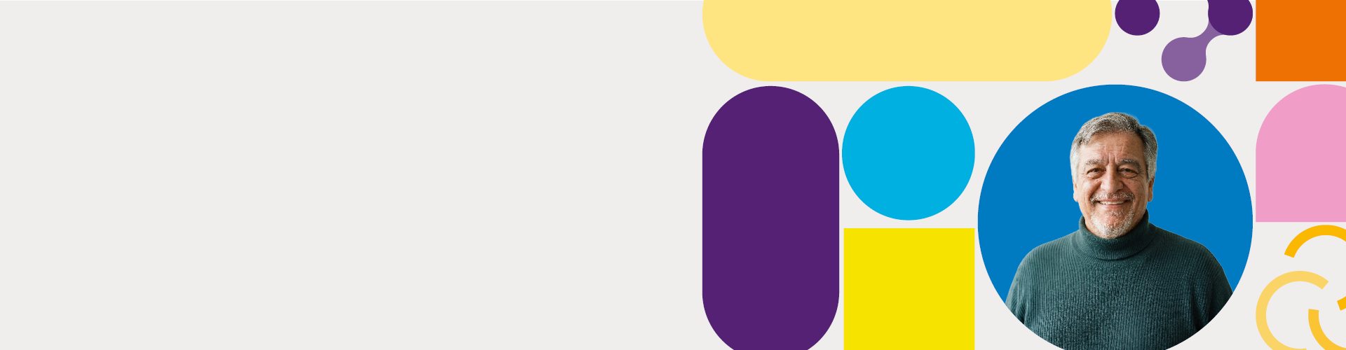 Ein breiter Banner auf hellem Hintergrund mit dem Porträt des lächelnden älteren Mannes namens Peter in einem blauen Kreis, umgeben von bunten, abstrakten geometrischen Formen.
