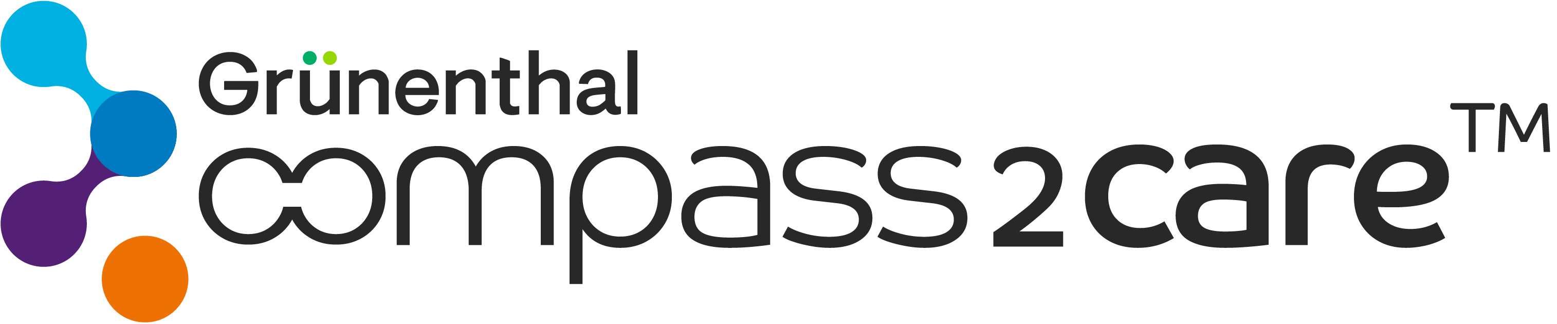 Das Logo „Grünenthal compass2care“ mit einer abstrakten, bunten Molekül-Grafik links neben dem Text.