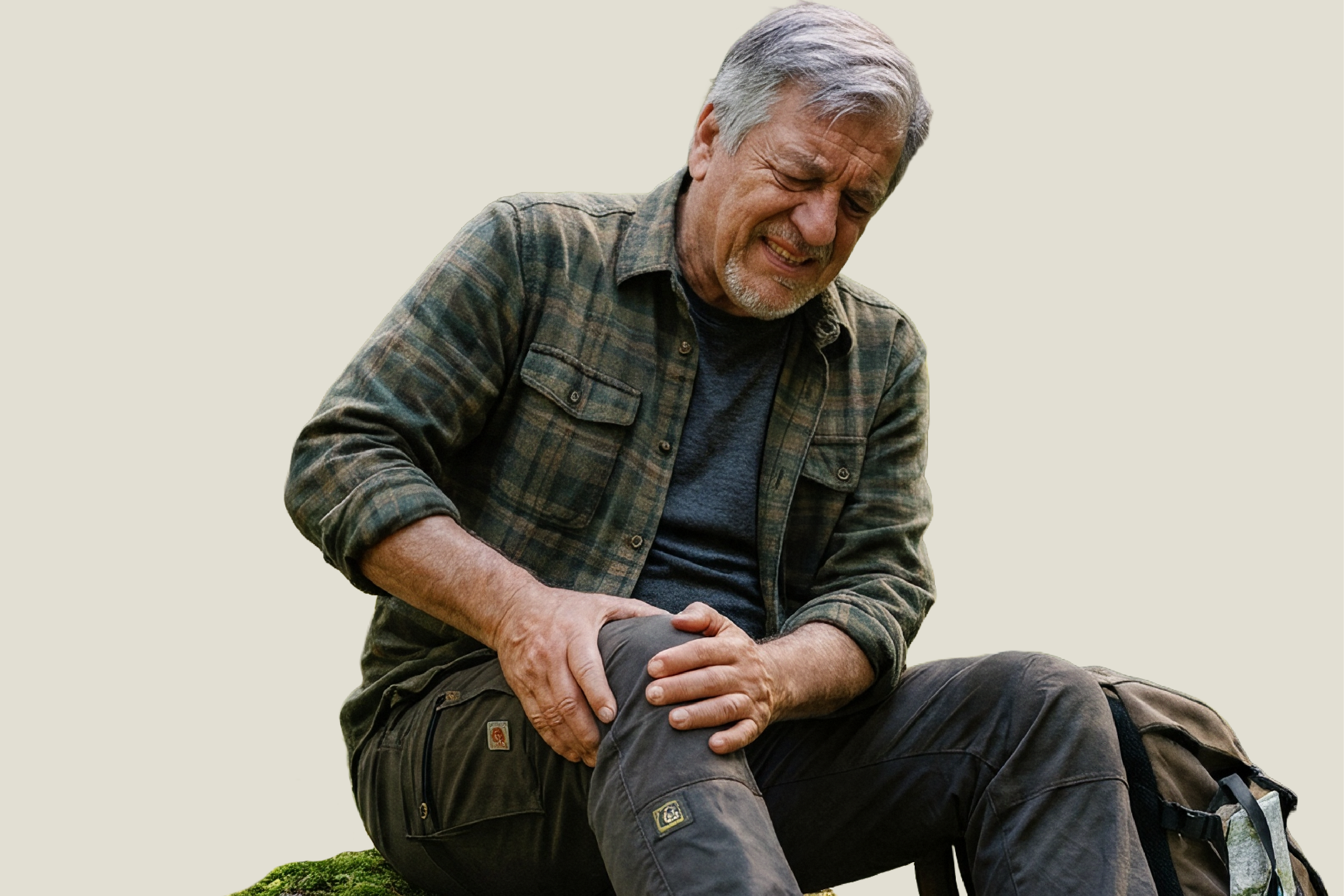Der ältere Mann namens Peter sitzt mit schmerzverzerrtem Gesicht auf einem moosbedeckten Stein, hält sich mit beiden Händen das Knie und hat einen Rucksack neben sich.