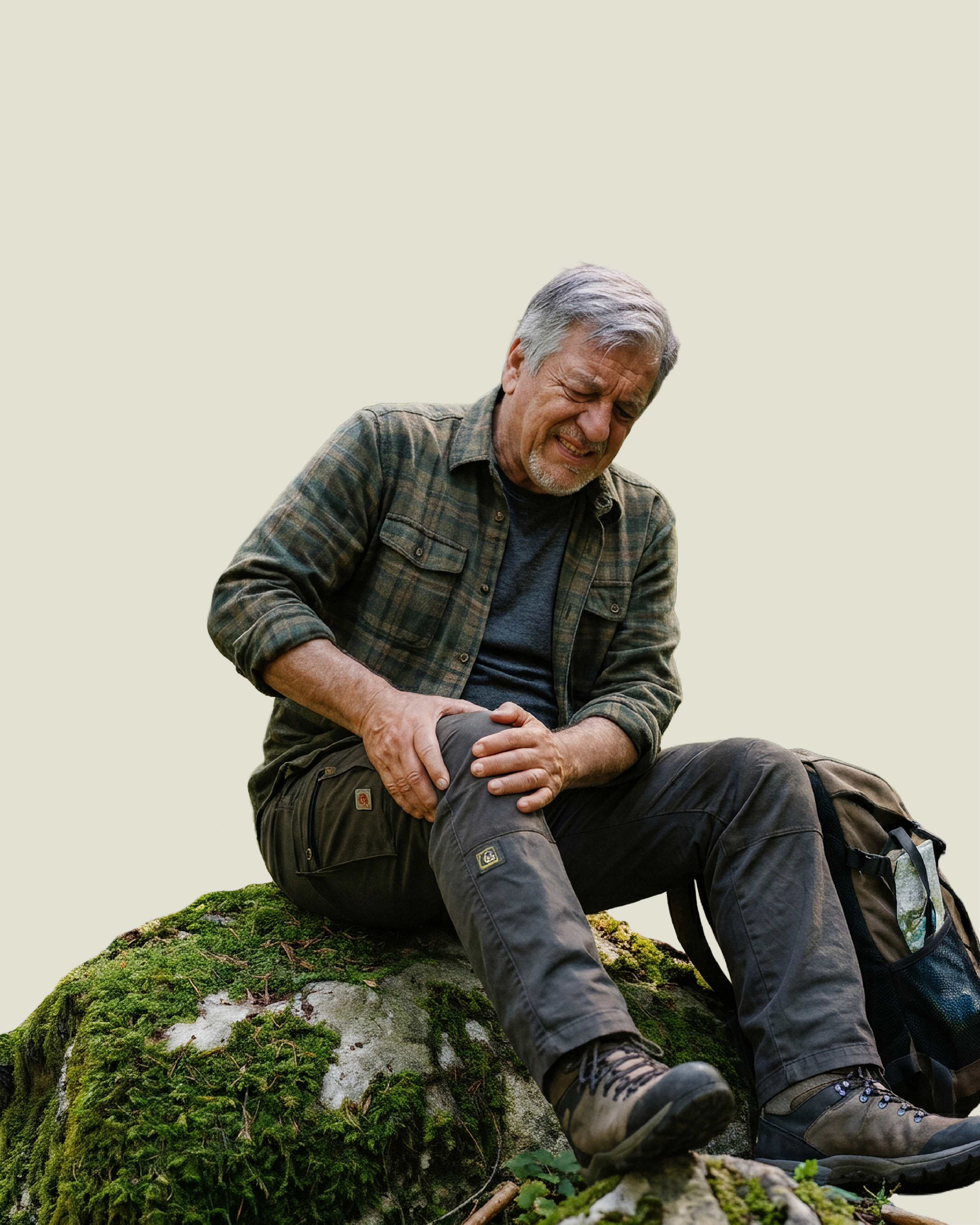 Der ältere Mann namens Peter sitzt mit schmerzverzerrtem Gesicht auf einem moosbedeckten Stein, hält sich mit beiden Händen das Knie und hat einen Rucksack neben sich.